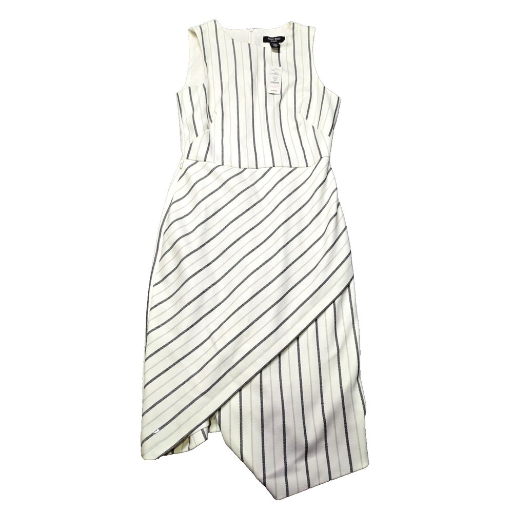 White House Black Market Stripe Sheath Dress 4P‎ Ecru Grey Sleeveless 570168484